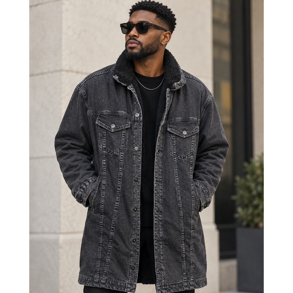 Zara Man Mens L Black Washed Denim Longline Sherpa Lined Jacket Coat